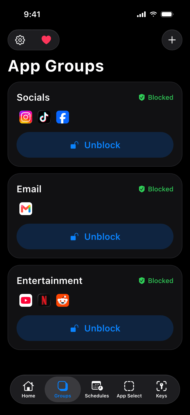 App groups: Socials, Email and Entertainment