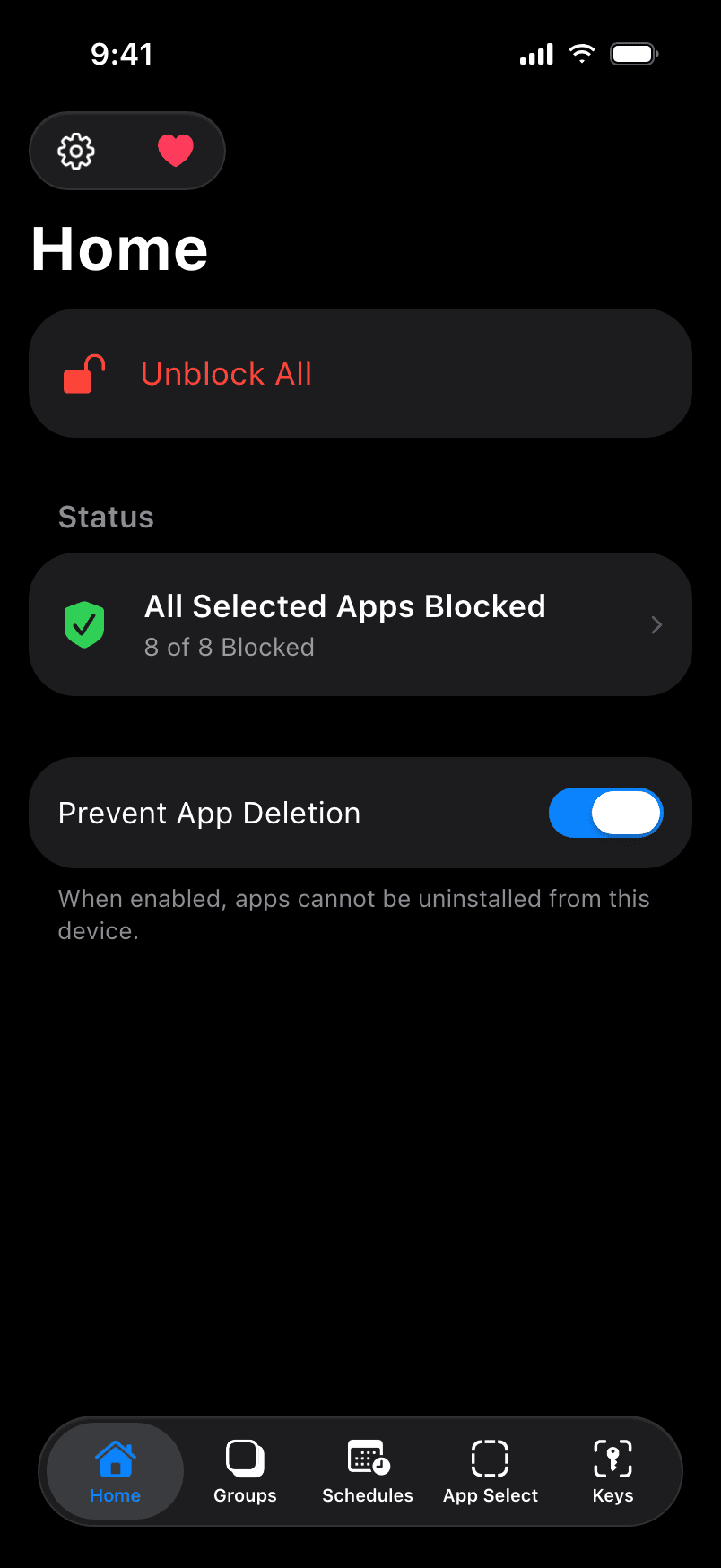 Normal home screen showing all selected apps blocked