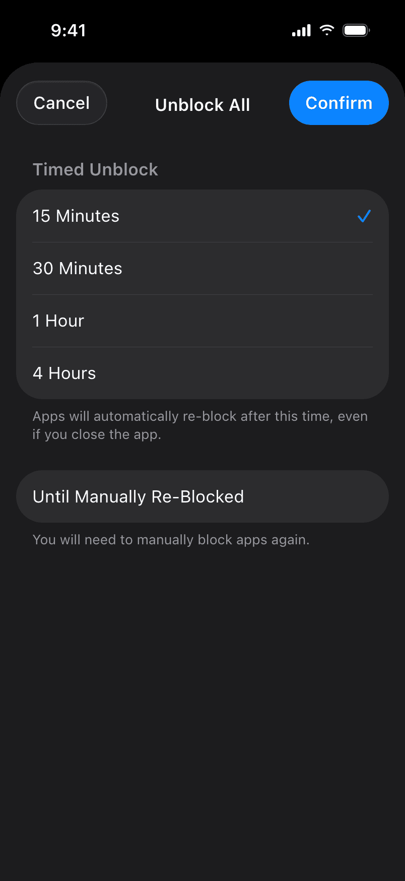 Timed unblock duration picker